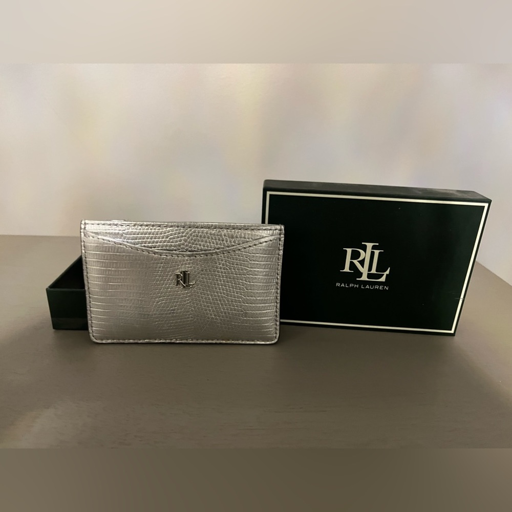 Ralph Lauren Lizard Embossed Slim Card Case Wallet in Silver